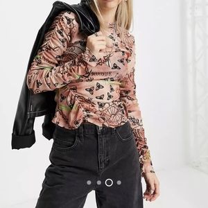 Topshop print mesh top long sleeve